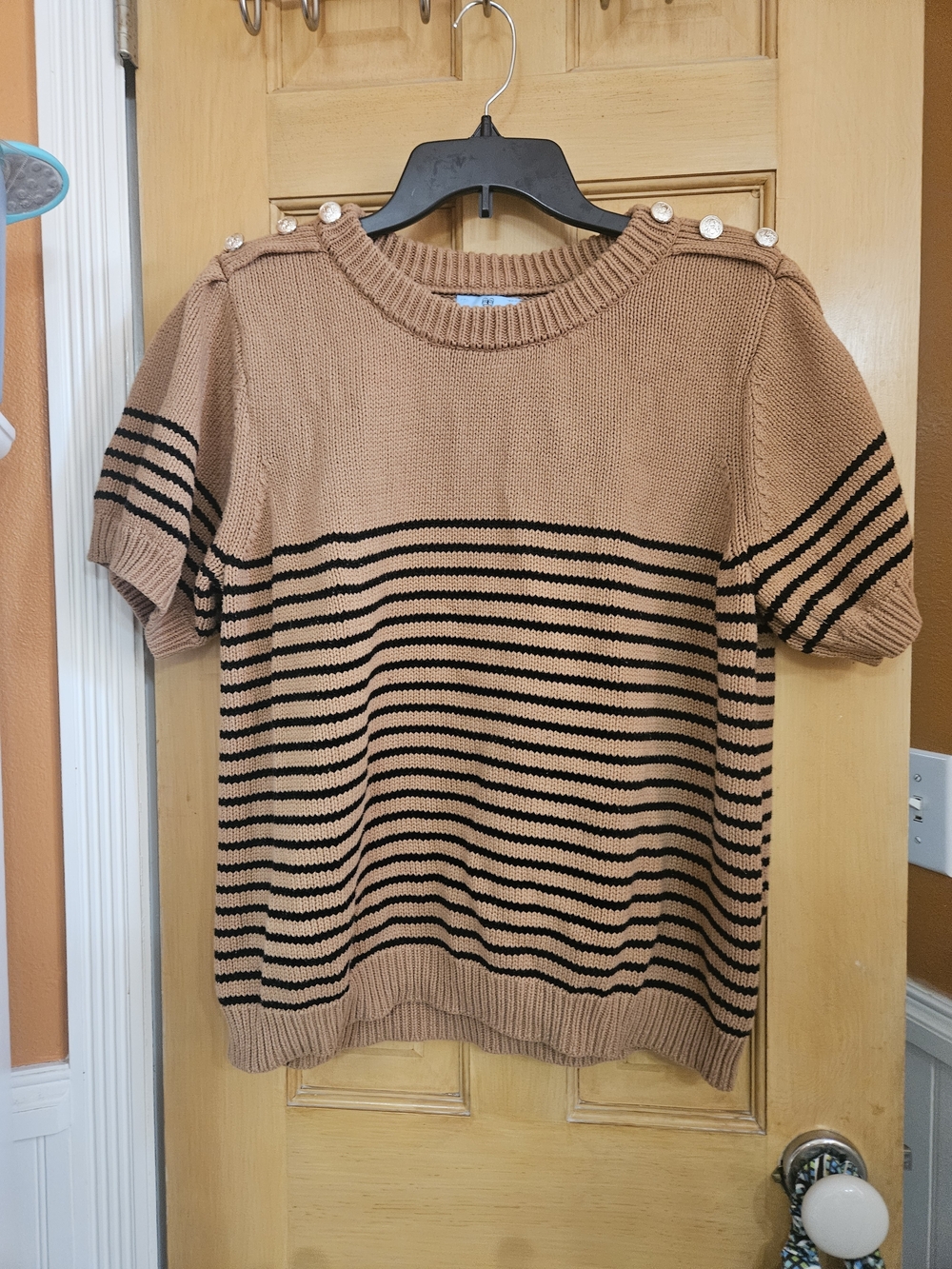 CeCe Women's Knit Short-Sleeve Sweater in Camel with Black Stripes